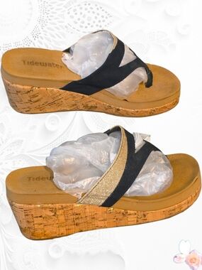 Tidewater Black & Gold Shimmer Cork Wedge Sandals 6 Thong Toe